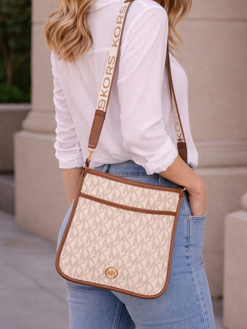Michael Kors Beige Signature Crossbody Bag with Brown Trim/Vanilla Lugg NWT